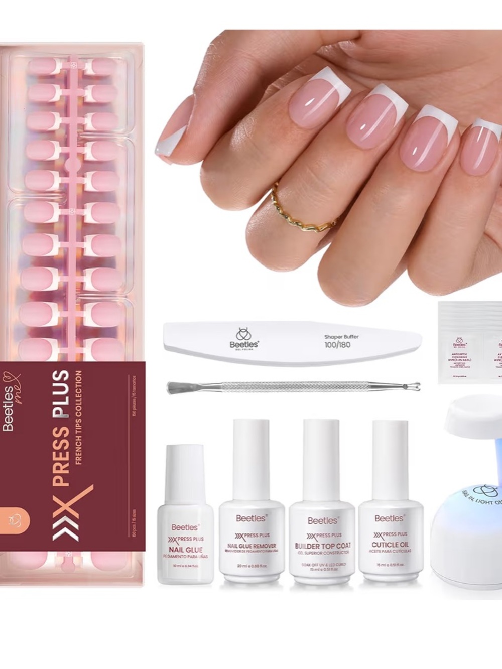 Beetles Press Plus Lite On Nails Nail Kit Short Square French Pink Tip Brand New